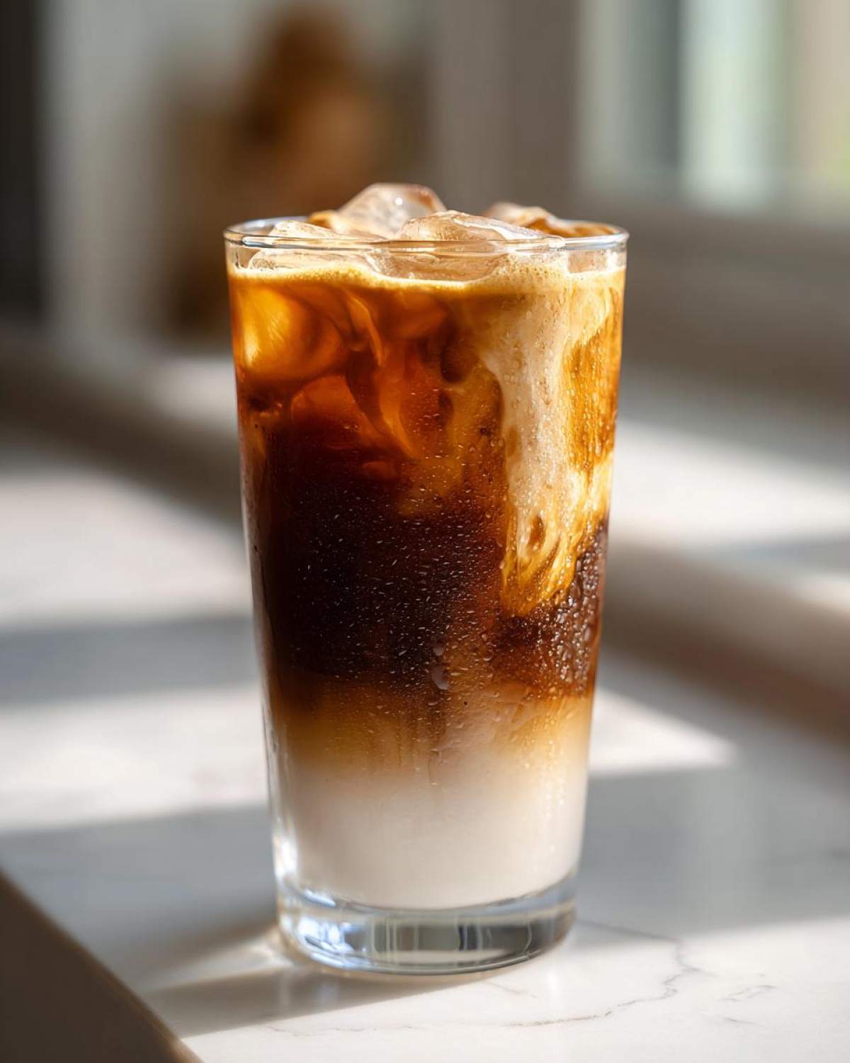 A tall glass showing layers of almond milk, espresso, and ice for an Iced Honey Almond Milk Latte.