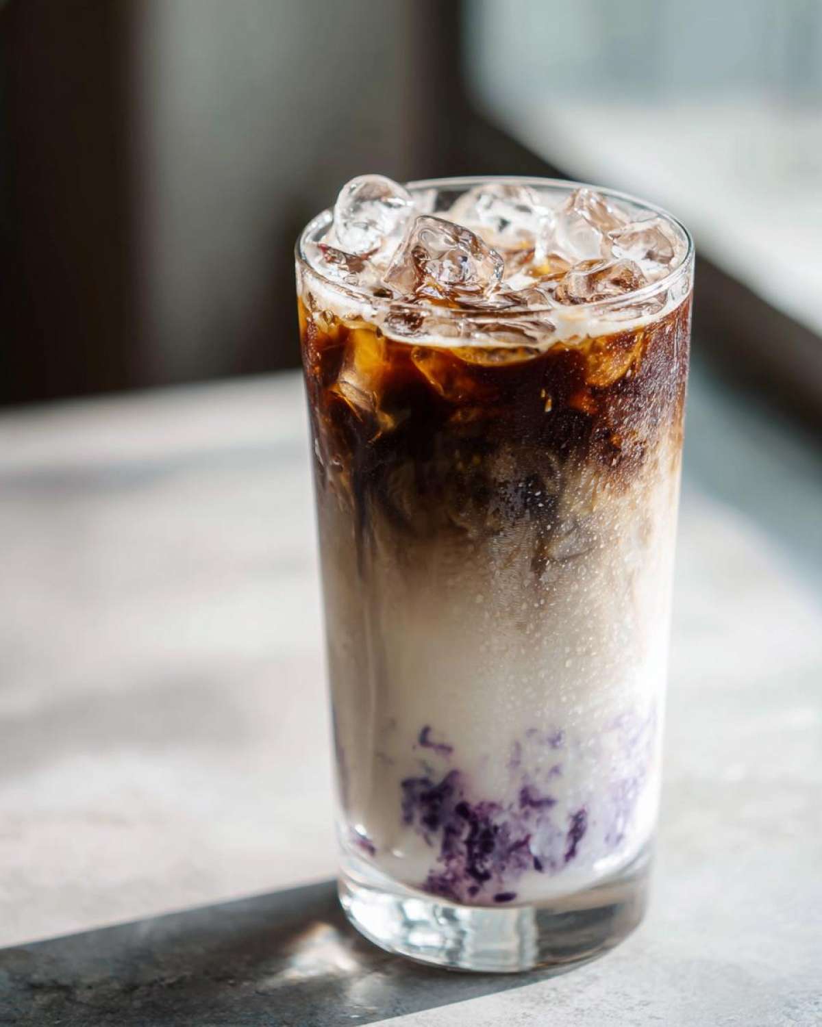 Close-up of a tall glass containing a layered Iced Lavender Latte with ice cubes, espresso swirling into milk, and purple lavender syrup at the bottom.