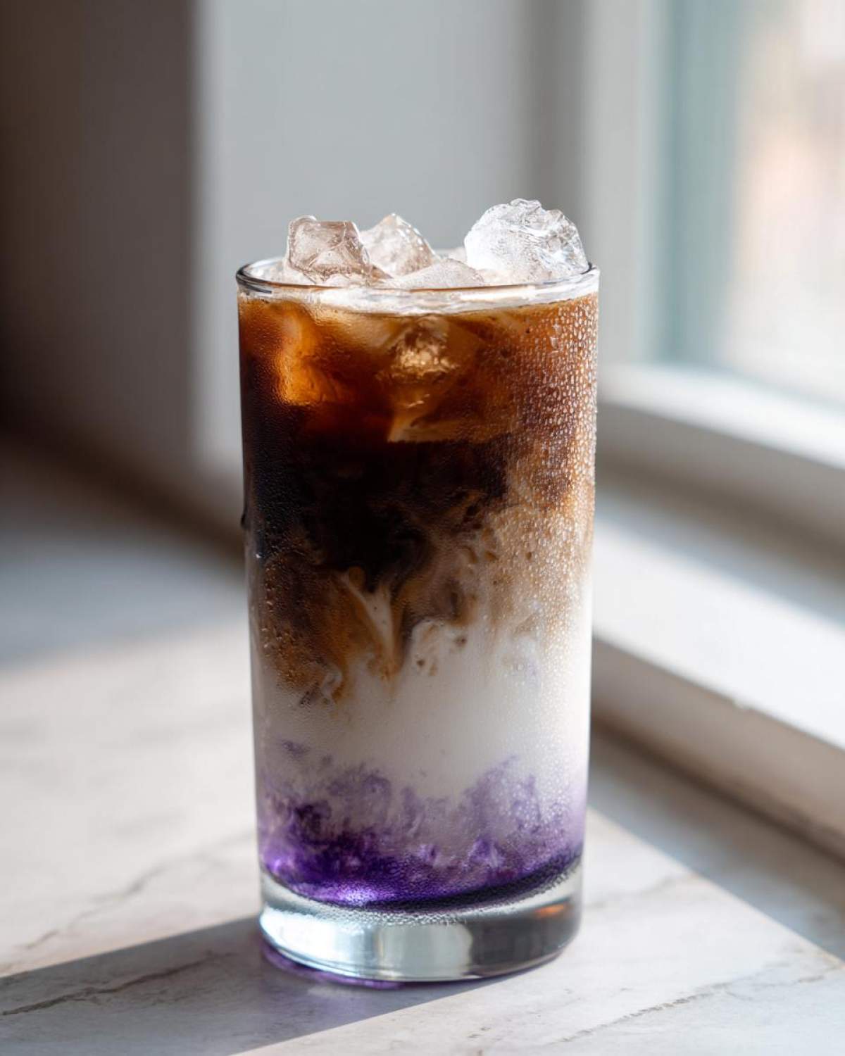 Close-up of a tall glass containing a vibrant Iced Lavender Latte with distinct purple syrup, white milk, and dark espresso layers over ice.