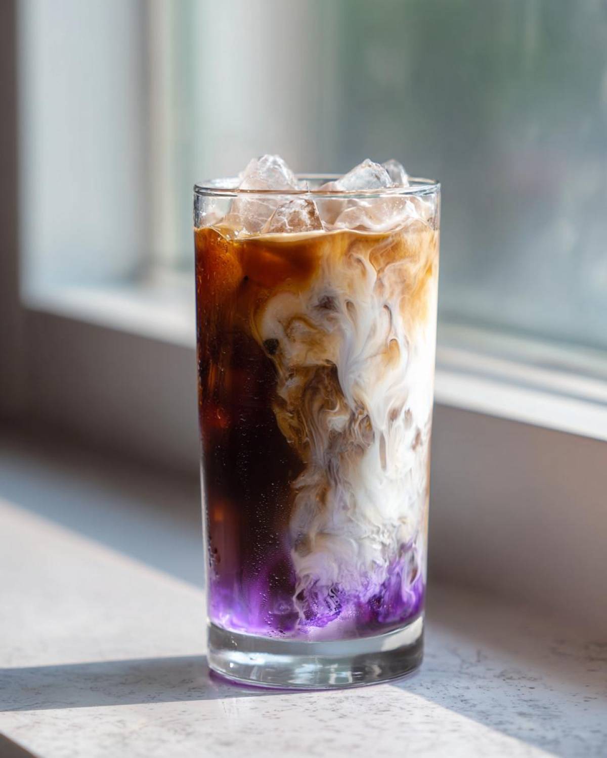 Close-up of an Iced Lavender Latte showing vibrant purple syrup mixing with espresso and cream over ice.