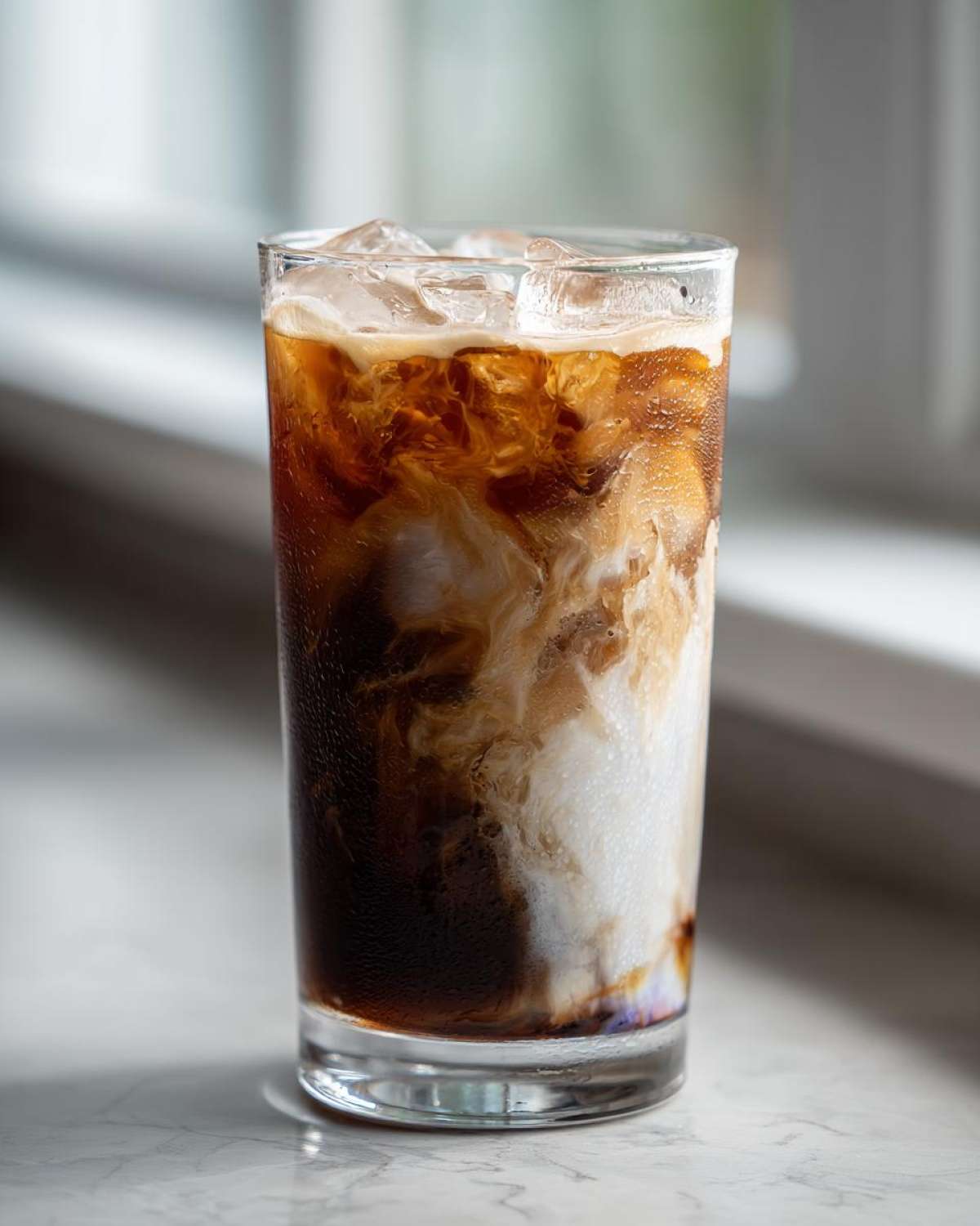 Close-up of an Iced Lavender Latte showing rich coffee swirling into white milk over ice cubes.