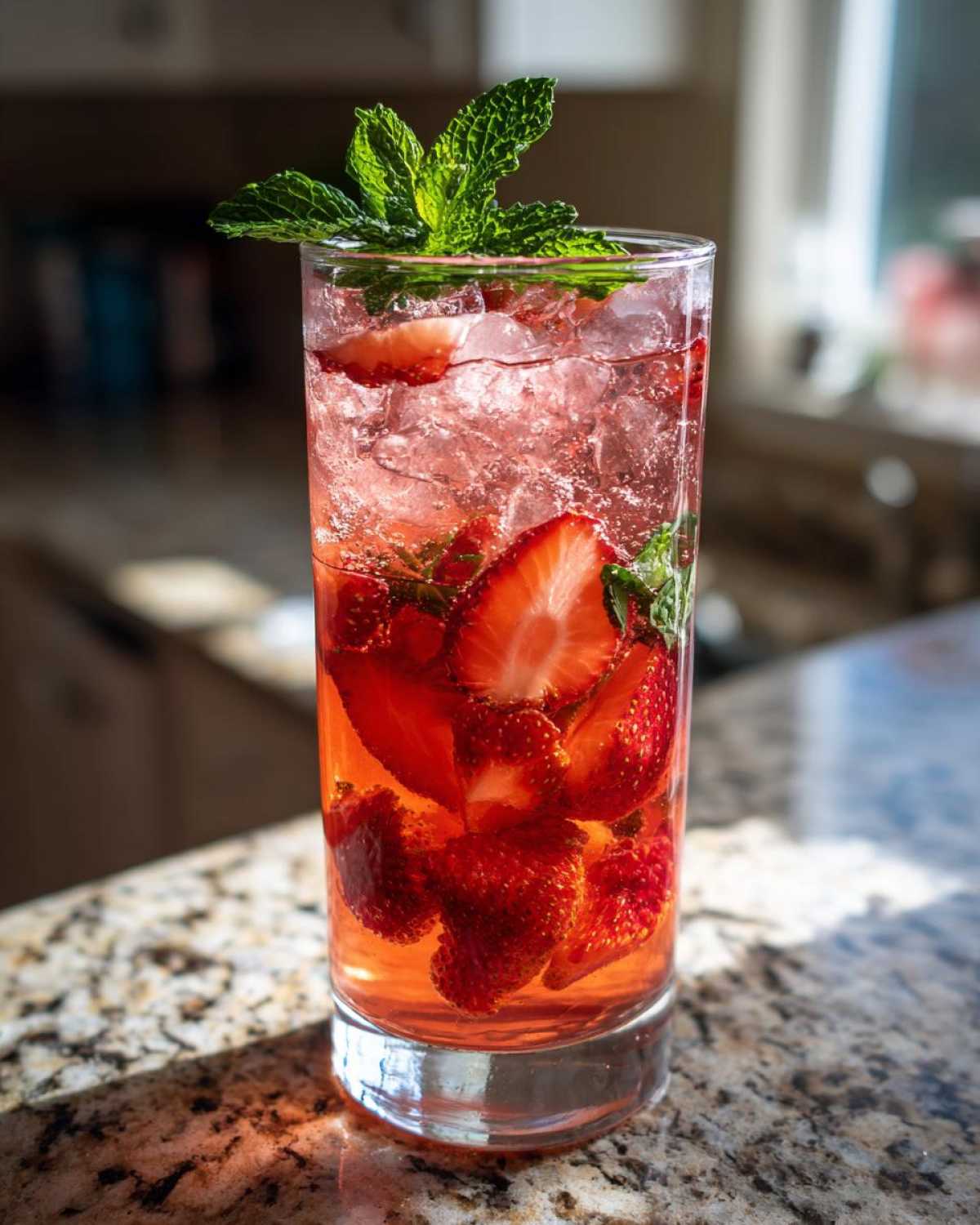 Close-up of a tall glass filled with Iced Strawberry Lemon Tea, ice, sliced strawberries, and mint garnish.