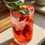 Close-up of a tall glass filled with Iced Strawberry Lemon Tea, ice, sliced strawberries, and garnished with mint.
