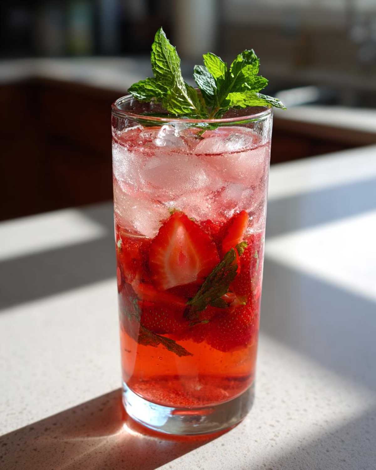 A tall glass filled with Iced Strawberry Lemon Tea, layered with fresh strawberries, ice, and topped with mint.
