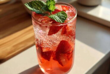 Close-up of a tall glass filled with Iced Strawberry Lemon Tea, ice, sliced strawberries, and garnished with mint.