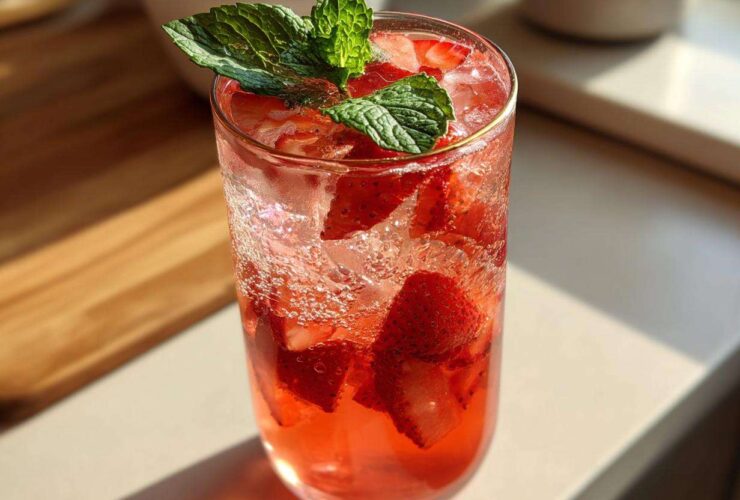 Close-up of a tall glass filled with Iced Strawberry Lemon Tea, ice, sliced strawberries, and garnished with mint.