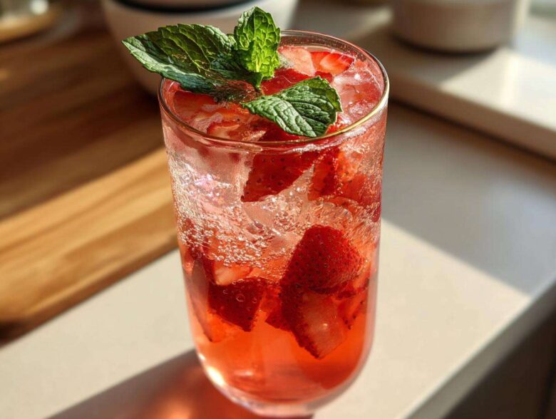 Close-up of a tall glass filled with Iced Strawberry Lemon Tea, ice, sliced strawberries, and garnished with mint.