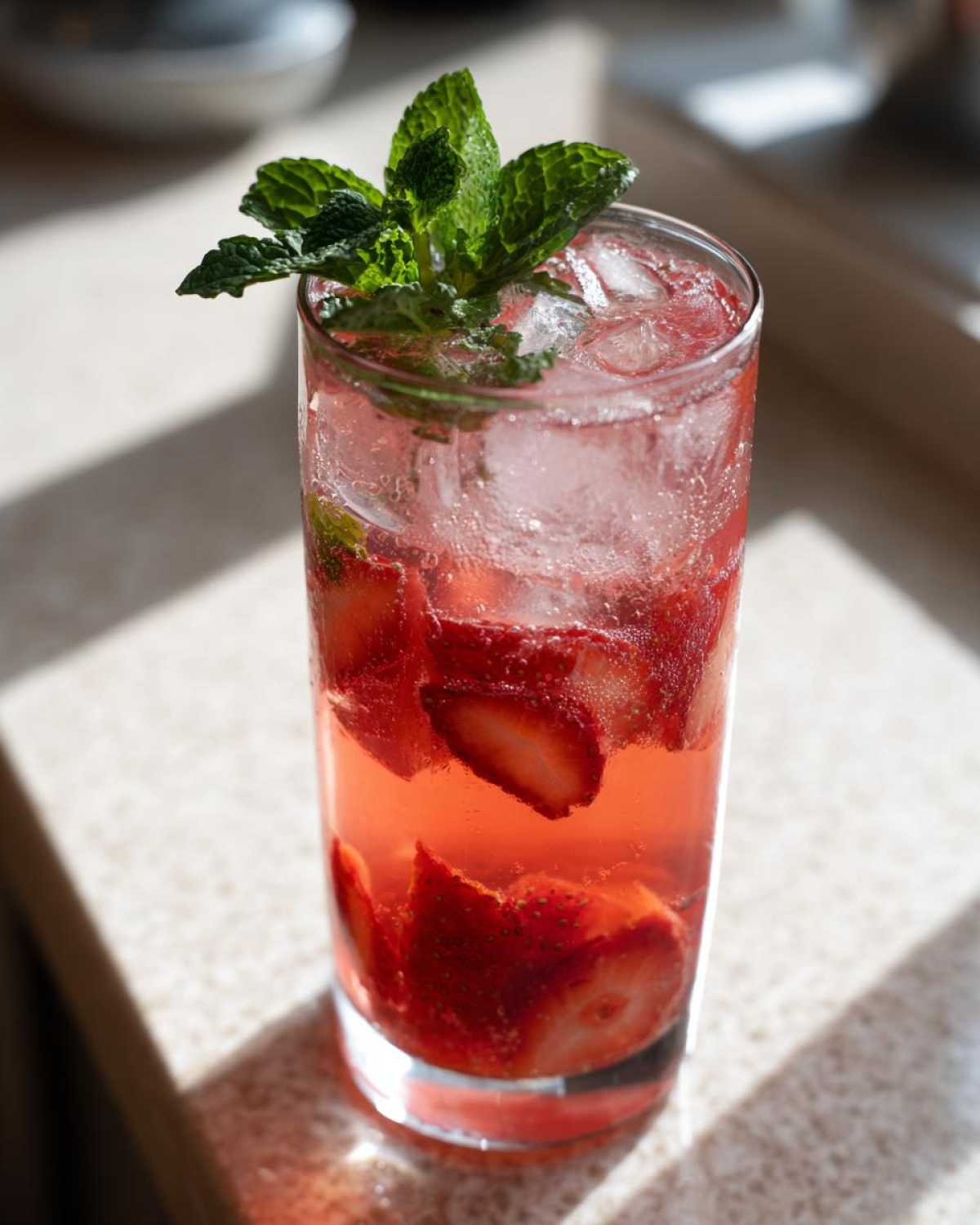 Close-up of a tall glass filled with Iced Strawberry Lemon Tea, ice, sliced strawberries, and a mint garnish.