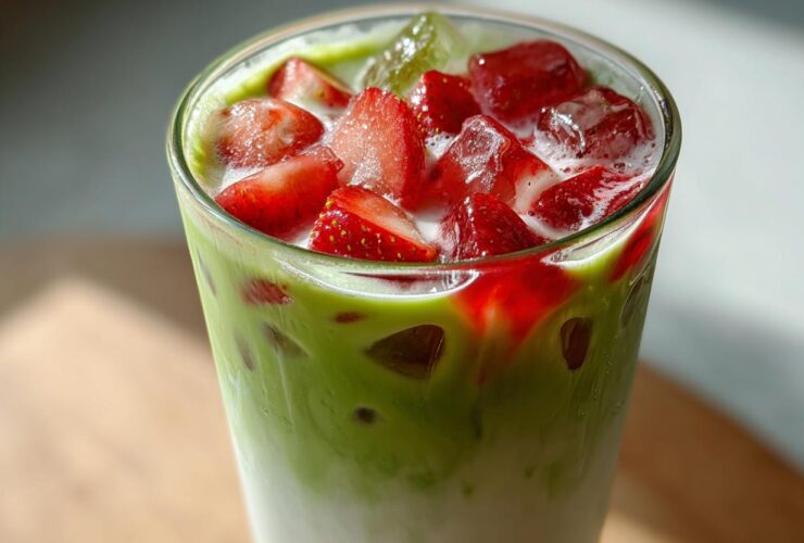 Close-up of a vibrant Iced Strawberry Matcha Latte layered with milk, green matcha, and topped with ice and sliced fresh strawberries.