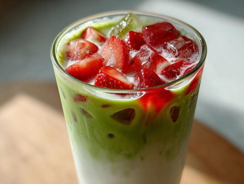 Close-up of a vibrant Iced Strawberry Matcha Latte layered with milk, green matcha, and topped with ice and sliced fresh strawberries.