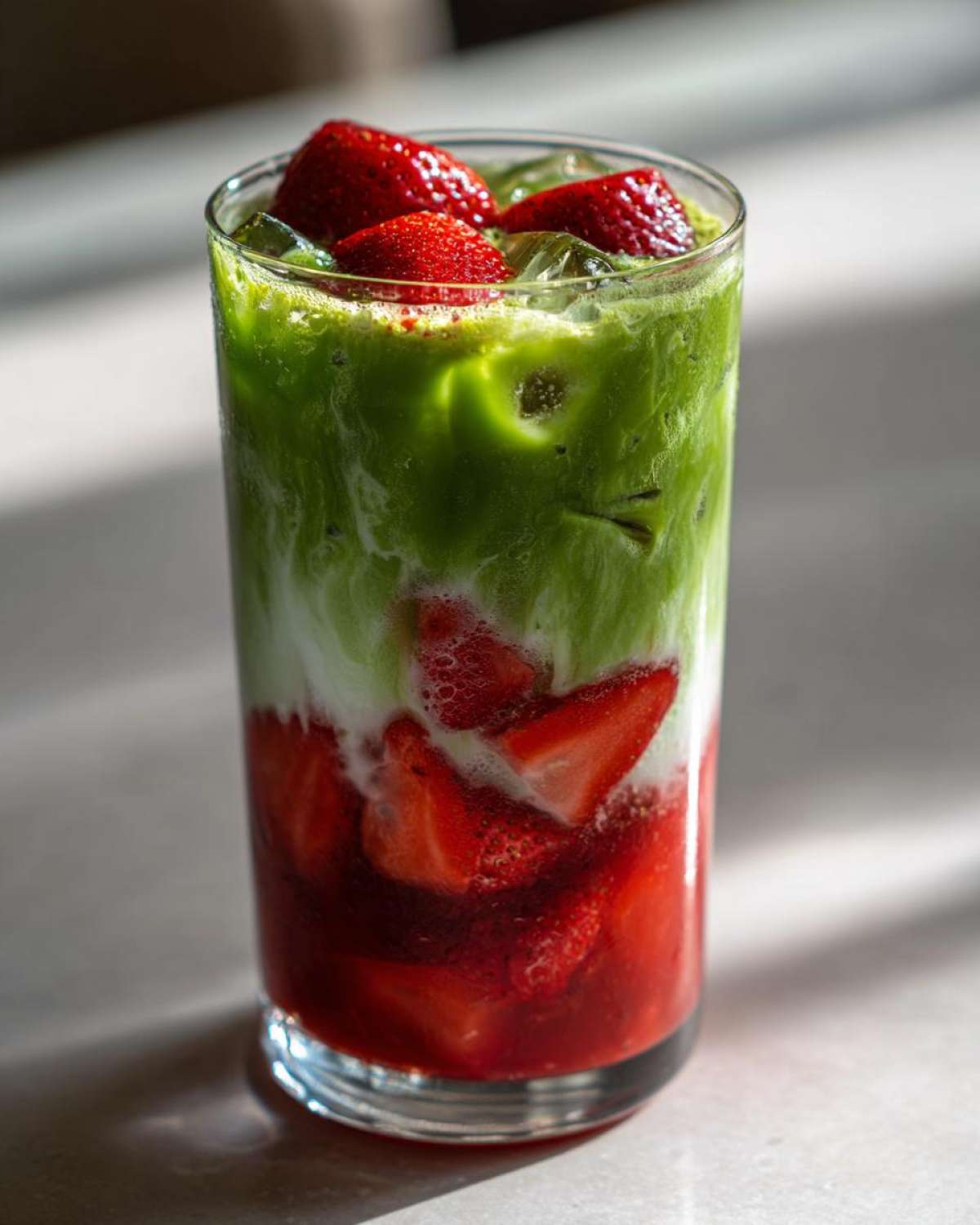 A tall glass showing the layered ingredients of an Iced Strawberry Matcha Latte with fresh strawberries at the bottom.