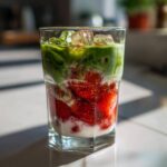 Close-up of a layered Iced Strawberry Matcha Latte featuring fresh strawberries, milk, and vibrant green matcha tea with ice.