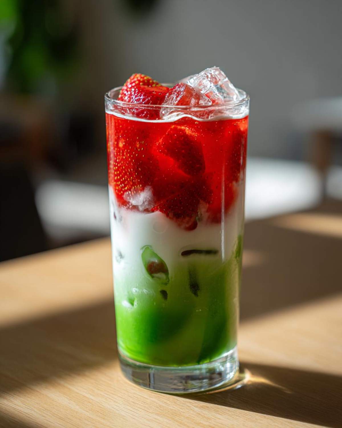 A tall glass showcasing the layers of an Iced Strawberry Matcha Latte with bright green matcha, white milk, and red strawberry puree.