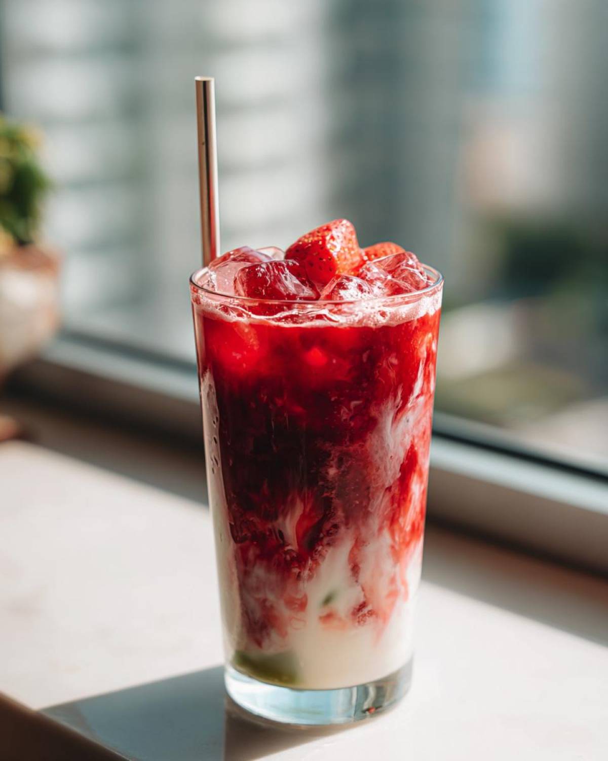 A tall glass showing the beautiful layers of an Iced Strawberry Matcha Latte with ice and strawberry pieces.