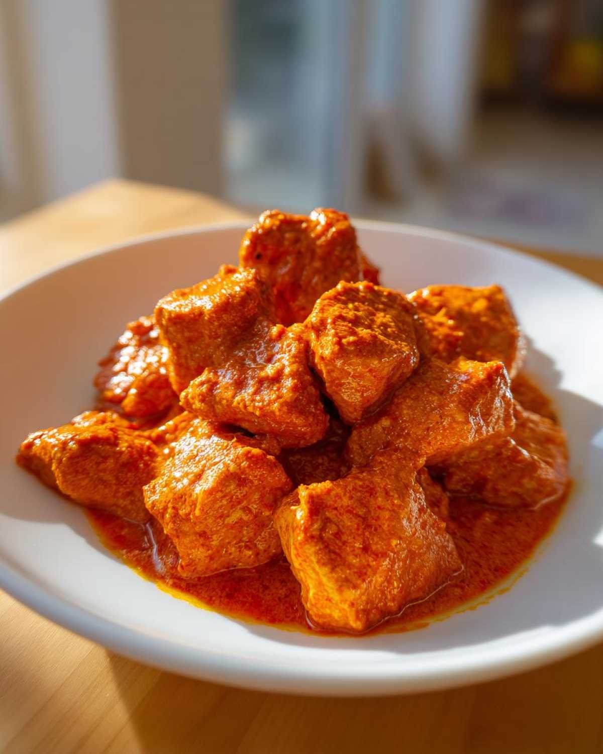 Close-up of tender chicken pieces coated in vibrant orange sauce for Instant Pot Butter Chicken.