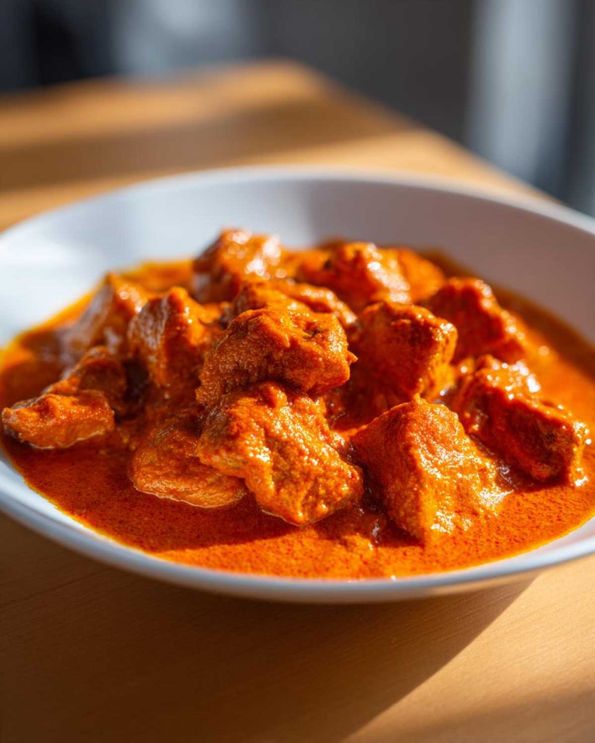 Close-up of tender chicken pieces swimming in a vibrant, creamy orange sauce of Instant Pot Butter Chicken.