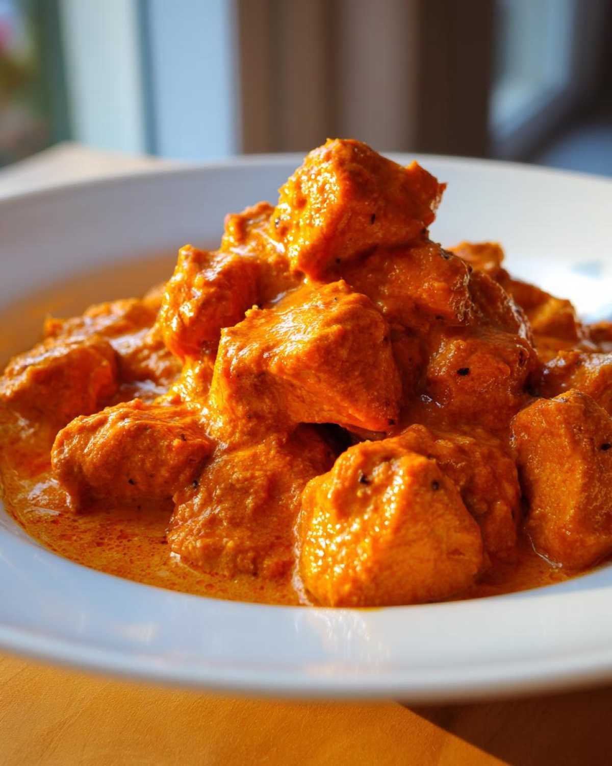 Close-up of tender chicken pieces coated in a rich, creamy orange sauce, representing Instant Pot Butter Chicken.