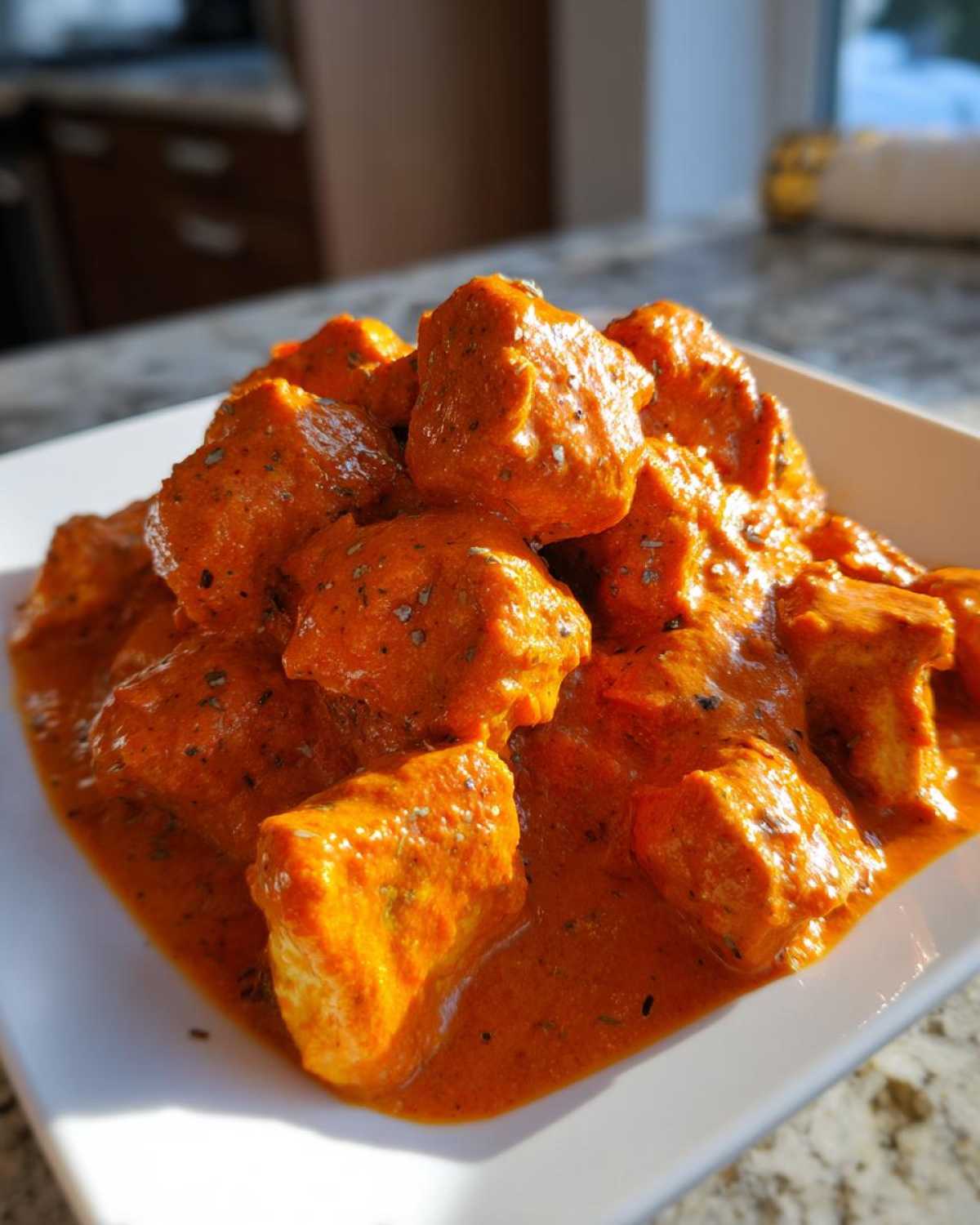 Close-up of rich, creamy Instant Pot Butter Chicken pieces served on a square white plate.