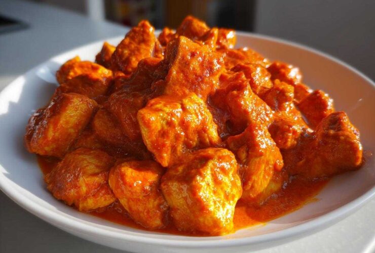 Close-up of tender chicken pieces coated in a vibrant, rich orange sauce, ready for Instant Pot Butter Chicken.