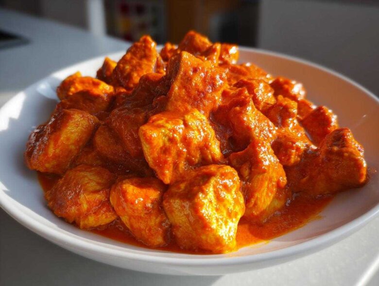 Close-up of tender chicken pieces coated in a vibrant, rich orange sauce, ready for Instant Pot Butter Chicken.