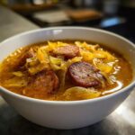 Close-up of a white bowl filled with rich, golden Instant Pot Cabbage and Sausage Soup, featuring thick slices of seared sausage.