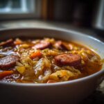 Close-up of a bowl of rich Instant Pot Cabbage and Sausage Soup featuring sliced sausage and tender cabbage.