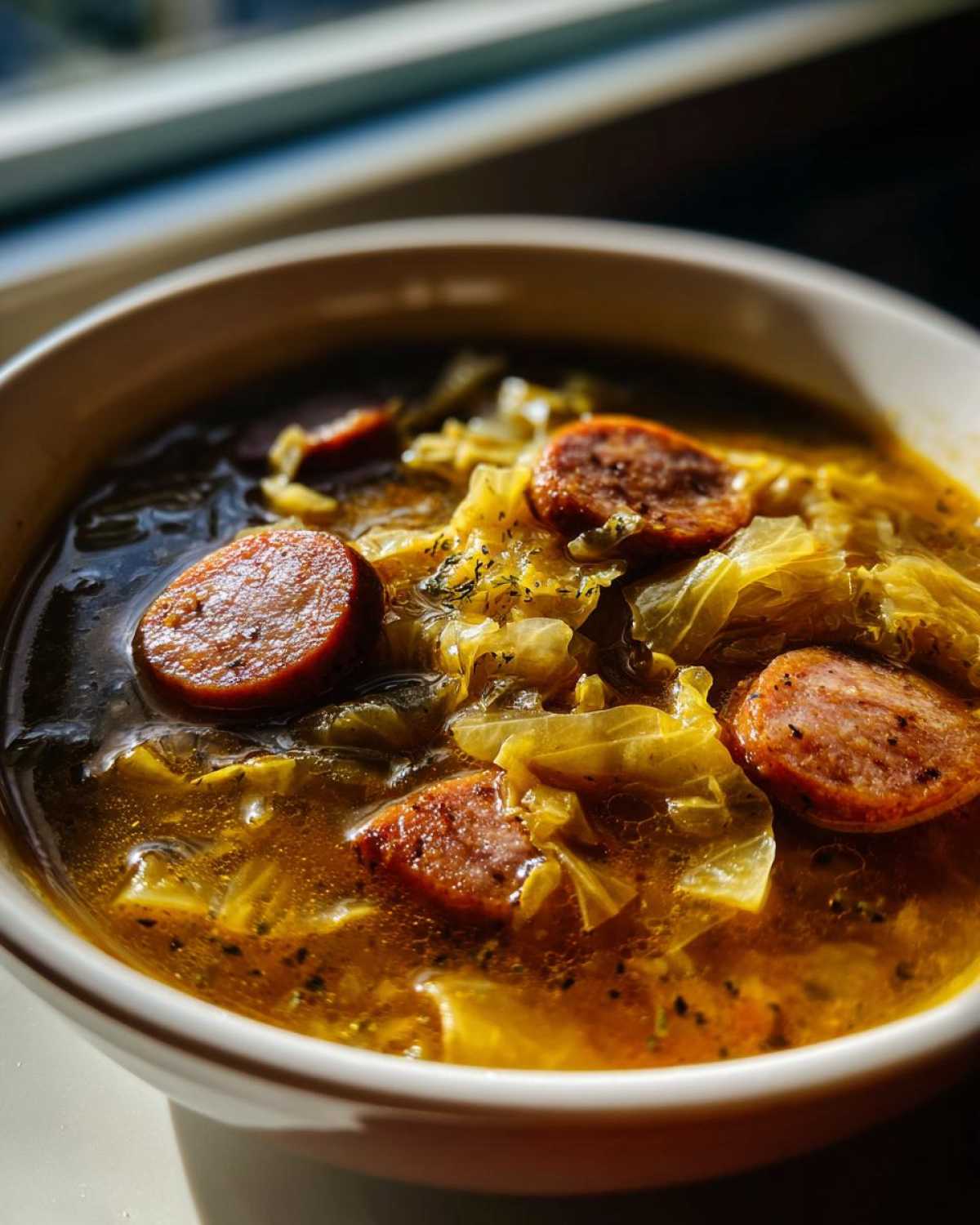 A close-up shot of a bowl of rich, golden Instant Pot Cabbage and Sausage Soup with thick slices of sausage.