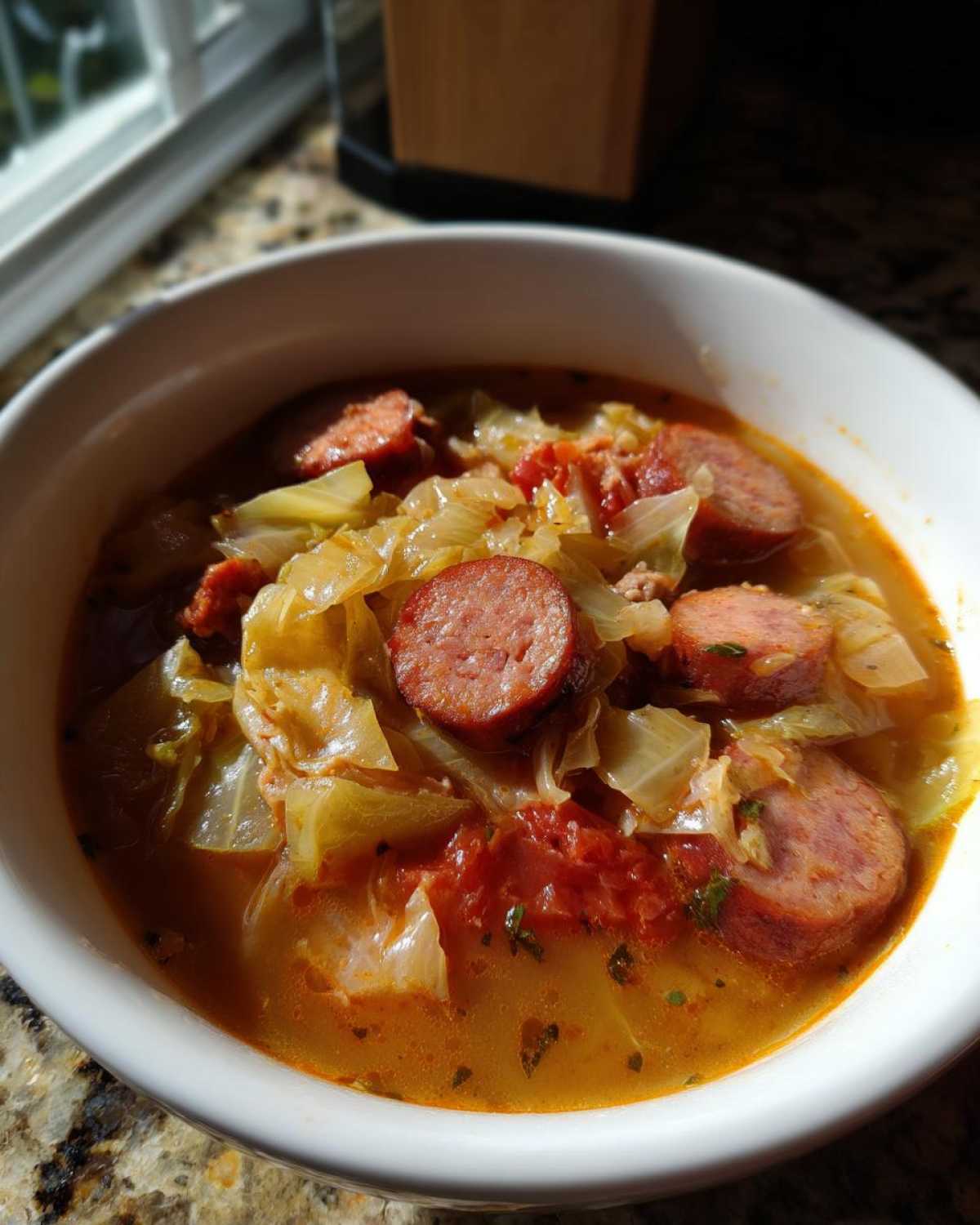 Close-up of a white bowl filled with Instant Pot Cabbage and Sausage Soup featuring sliced sausage and cooked cabbage.
