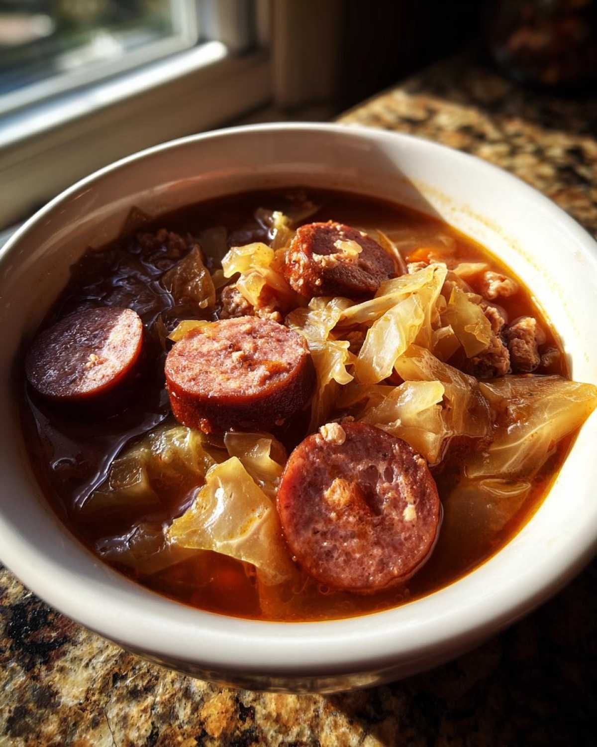 Close-up of a white bowl filled with Instant Pot Cabbage and Sausage Soup, featuring sliced sausage and tender cabbage.