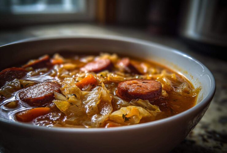 Close-up of a bowl of rich Instant Pot Cabbage and Sausage Soup featuring sliced sausage and tender cabbage.