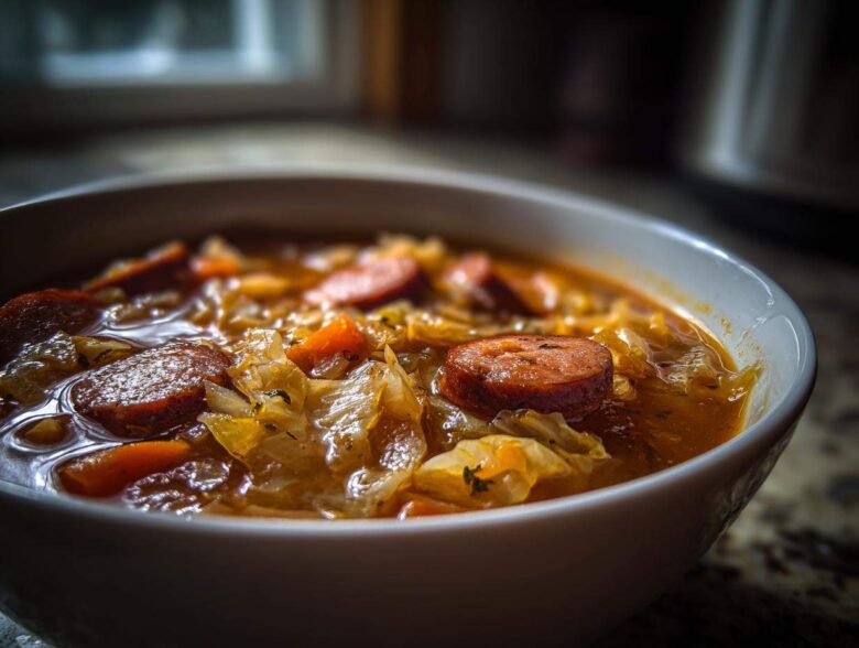 Close-up of a bowl of rich Instant Pot Cabbage and Sausage Soup featuring sliced sausage and tender cabbage.