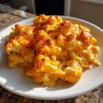 Close-up of cheesy Keto Cauliflower Mac and Cheese topped with browned spices on a white plate.