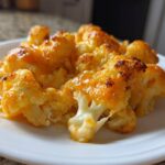 Close-up of cheesy, baked Keto Cauliflower Mac and Cheese florets served on a white plate.