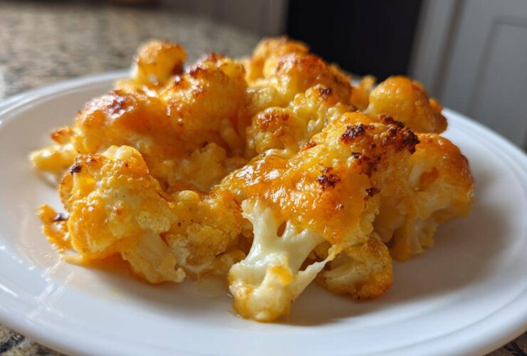 Close-up of cheesy, baked Keto Cauliflower Mac and Cheese florets served on a white plate.