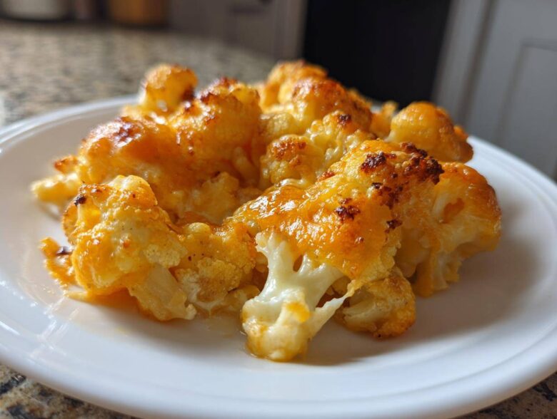 Close-up of cheesy, baked Keto Cauliflower Mac and Cheese florets served on a white plate.