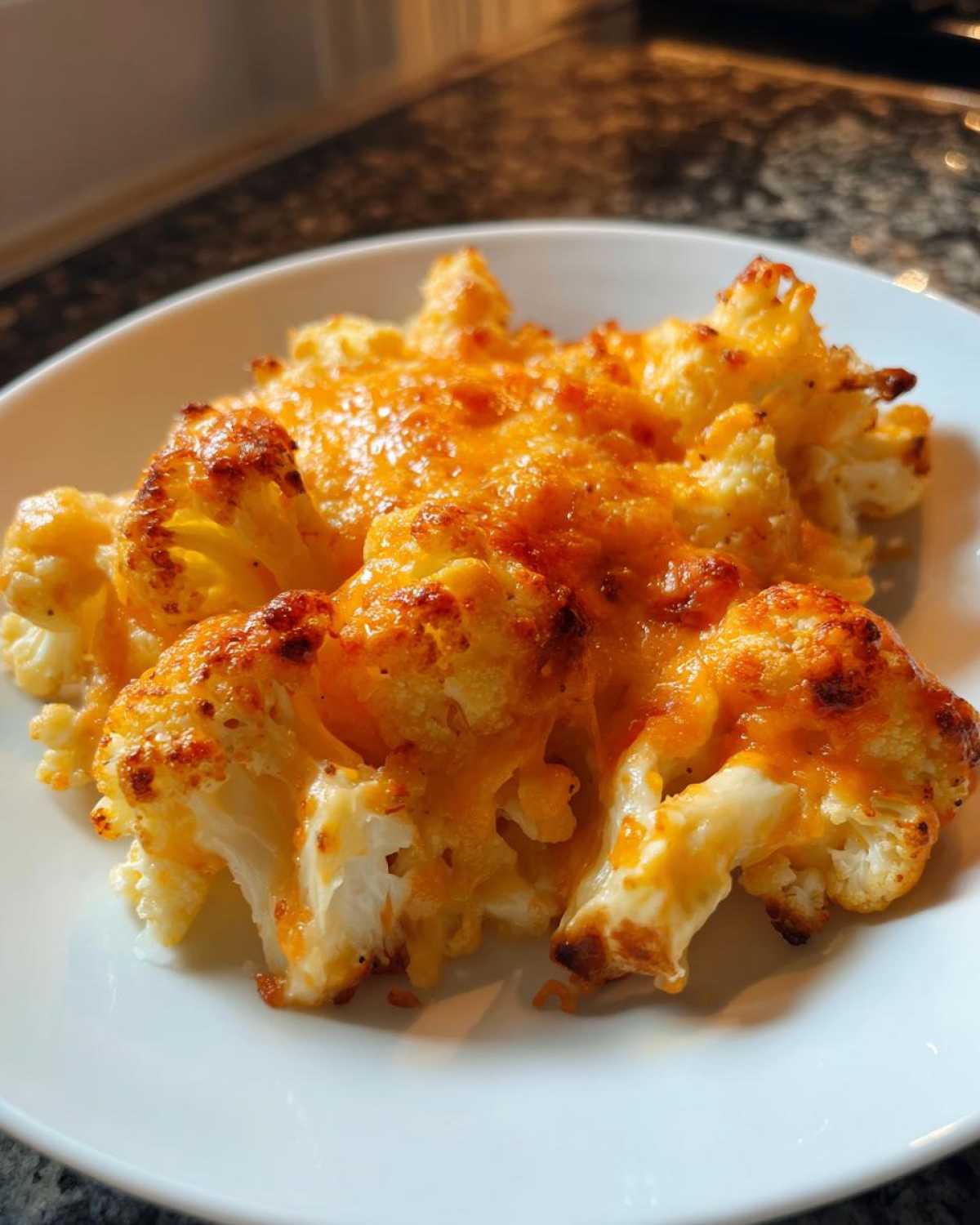 Close-up of Keto Cauliflower Mac and Cheese florets topped with melted, browned cheddar cheese.