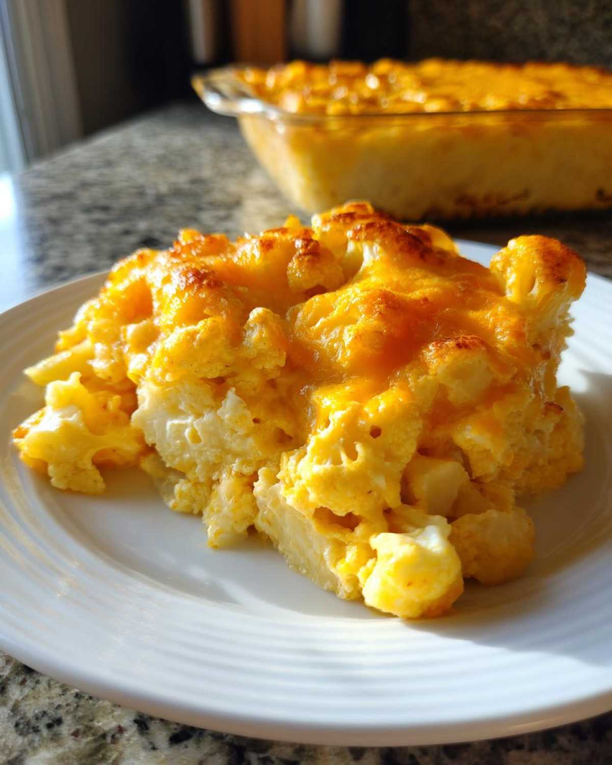 A close-up serving of cheesy Keto Cauliflower Mac and Cheese on a white plate, with the baking dish visible in the background.