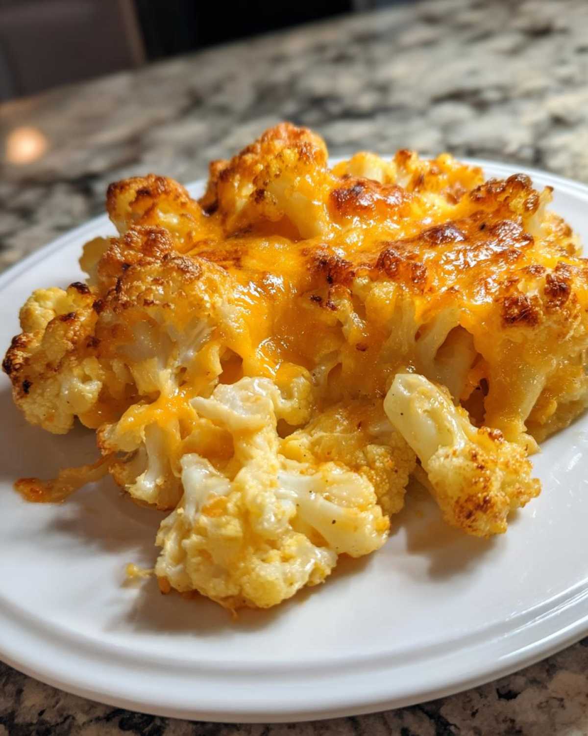 A close-up of a serving of Keto Cauliflower Mac and Cheese topped with bubbly, browned cheddar cheese.