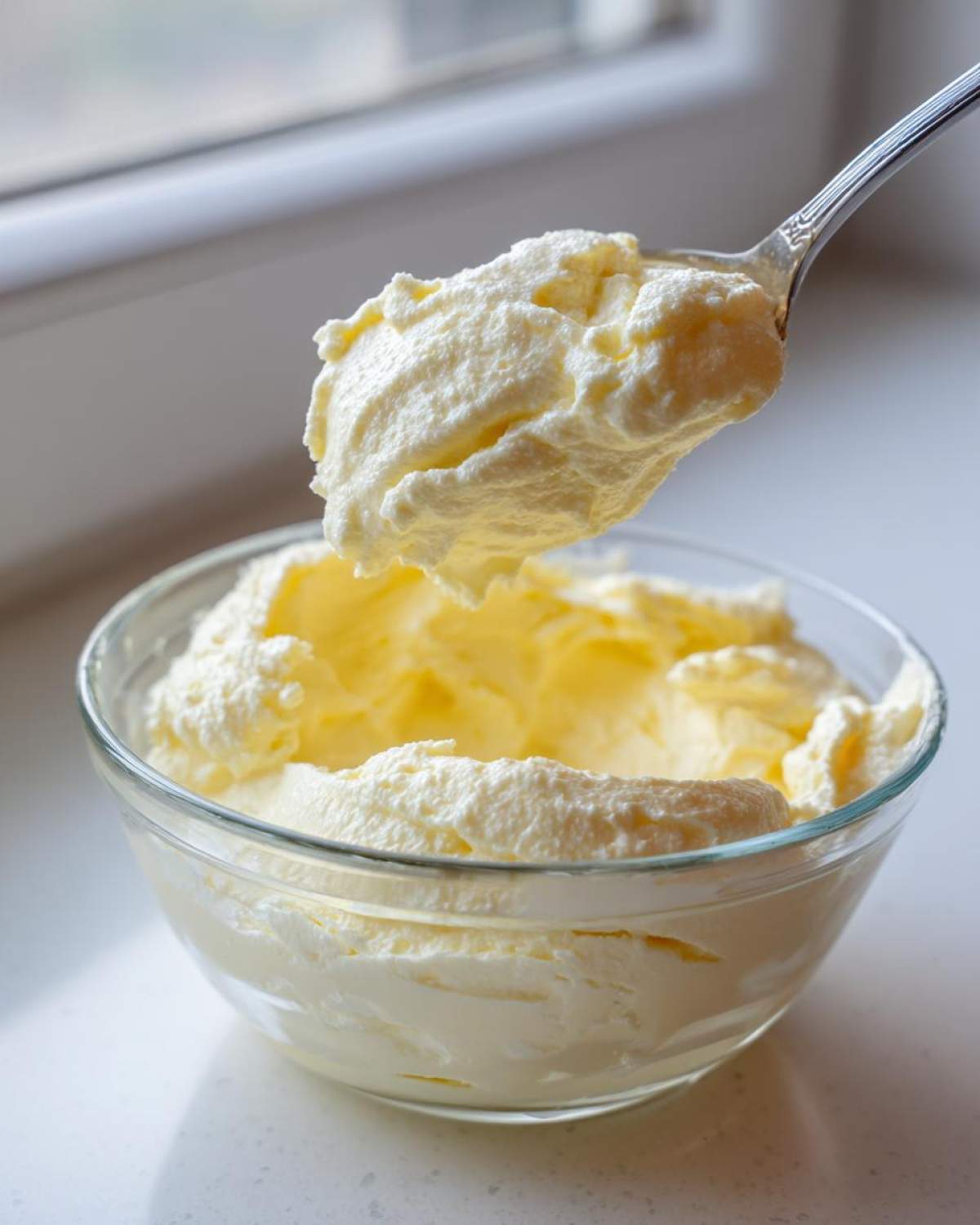 A spoonful of fluffy, pale yellow Keto Lemon Cheesecake Mousse being lifted from a clear glass bowl.