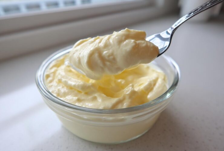 A spoonful of light yellow Keto Lemon Cheesecake Mousse being lifted from a small glass bowl.