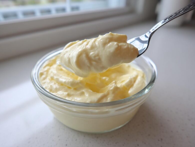 A spoonful of light yellow Keto Lemon Cheesecake Mousse being lifted from a small glass bowl.
