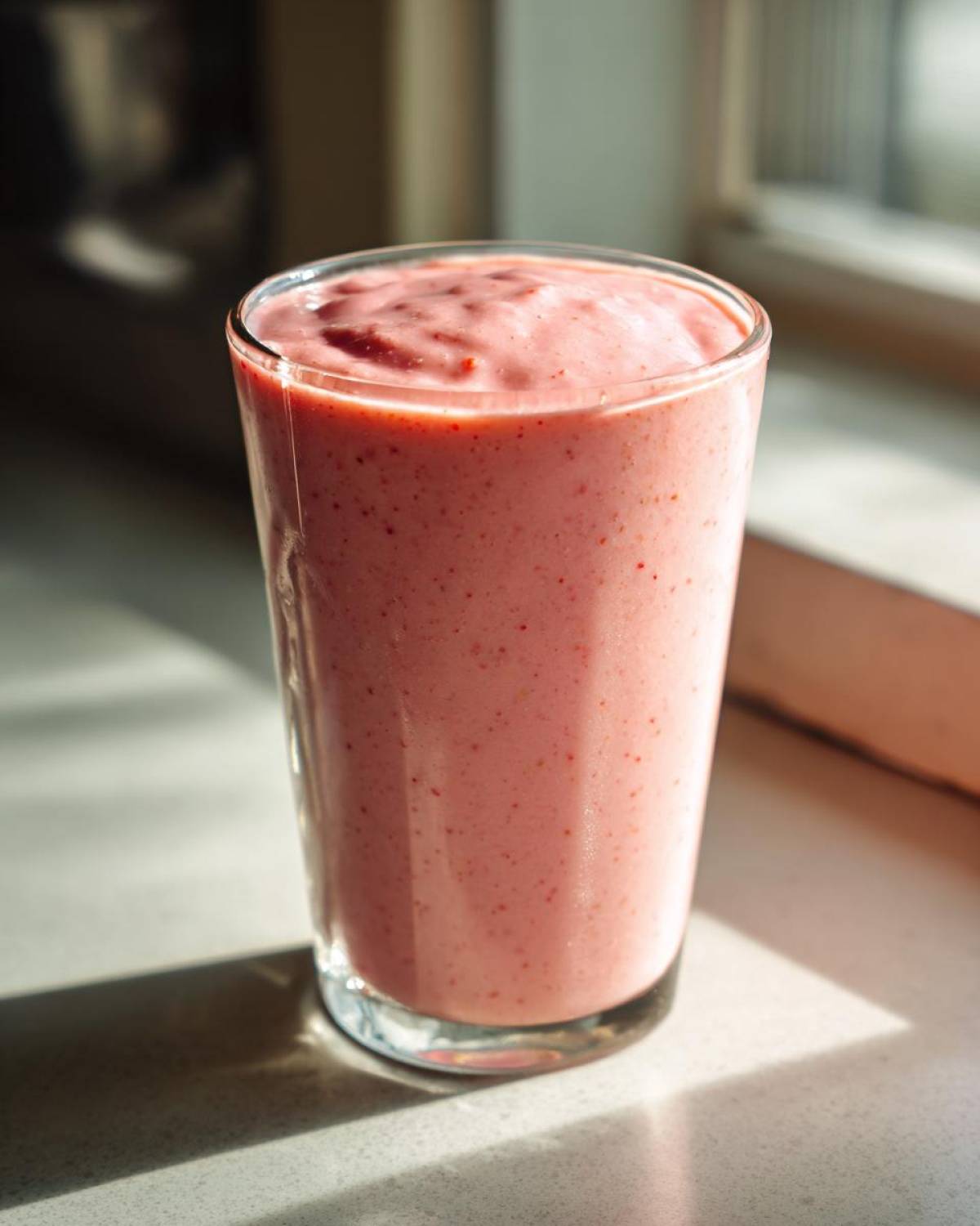 A tall glass filled with a thick, pink Keto Strawberry Cheesecake Smoothie, backlit by sunlight.