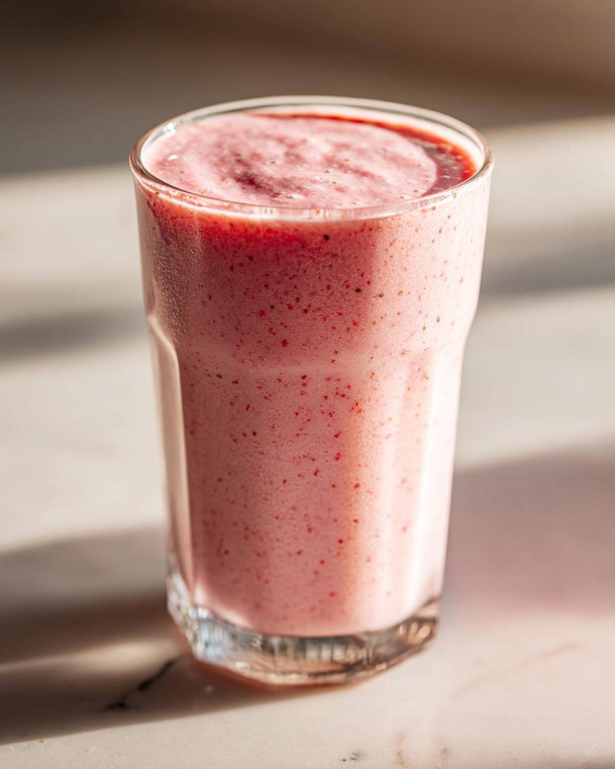A tall glass filled with a thick, pink Keto Strawberry Cheesecake Smoothie, showing small strawberry flecks.
