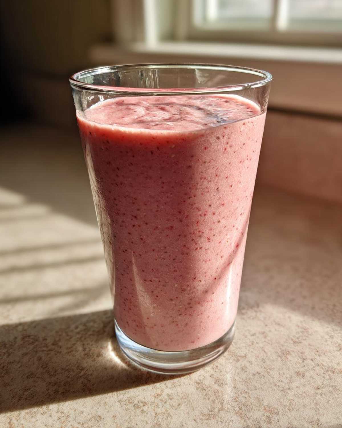 A tall glass filled with a thick, pink Keto Strawberry Cheesecake Smoothie, sitting on a countertop in bright sunlight.