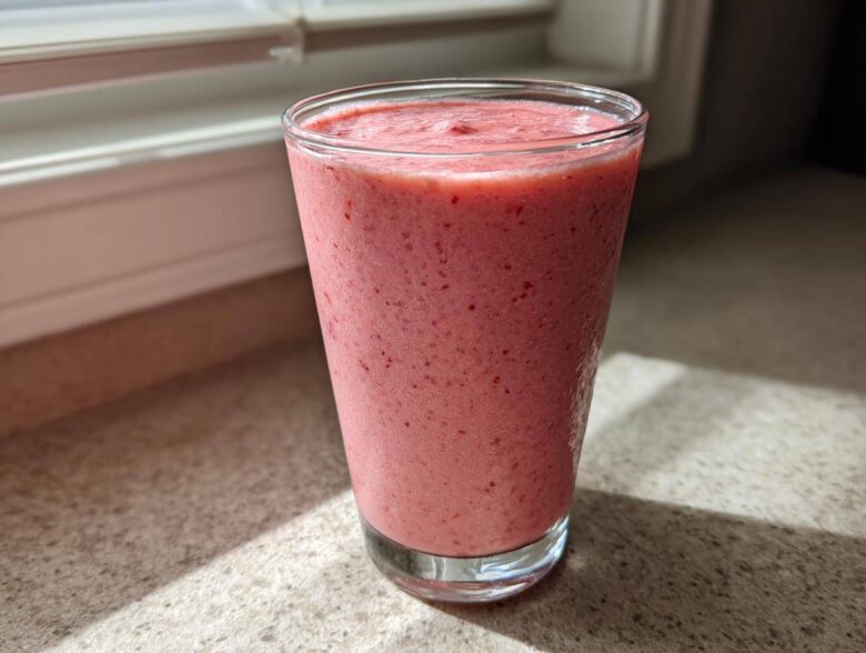 A tall glass filled with a thick, pink Keto Strawberry Cheesecake Smoothie sitting on a speckled countertop near a window.