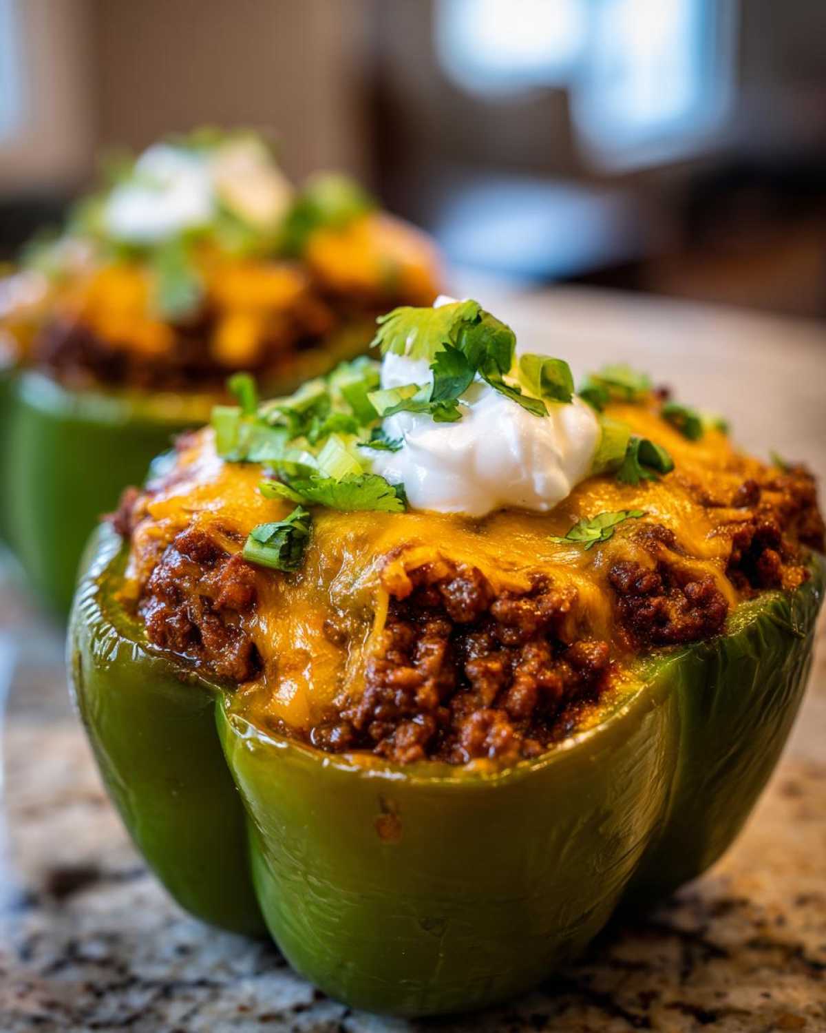A close-up of a vibrant green bell pepper filled with seasoned ground beef, melted cheddar cheese, sour cream, and fresh cilantro, ready to eat as Keto Taco Stuffed Peppers.