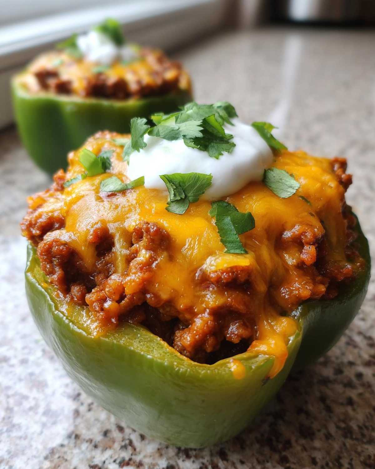 A close-up of one Keto Taco Stuffed Peppers, filled with seasoned meat, melted cheddar cheese, sour cream, and cilantro.