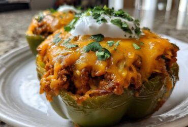 Close-up of two Keto Taco Stuffed Peppers topped with melted cheddar cheese, sour cream, and cilantro.
