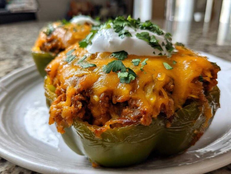 Close-up of two Keto Taco Stuffed Peppers topped with melted cheddar cheese, sour cream, and cilantro.