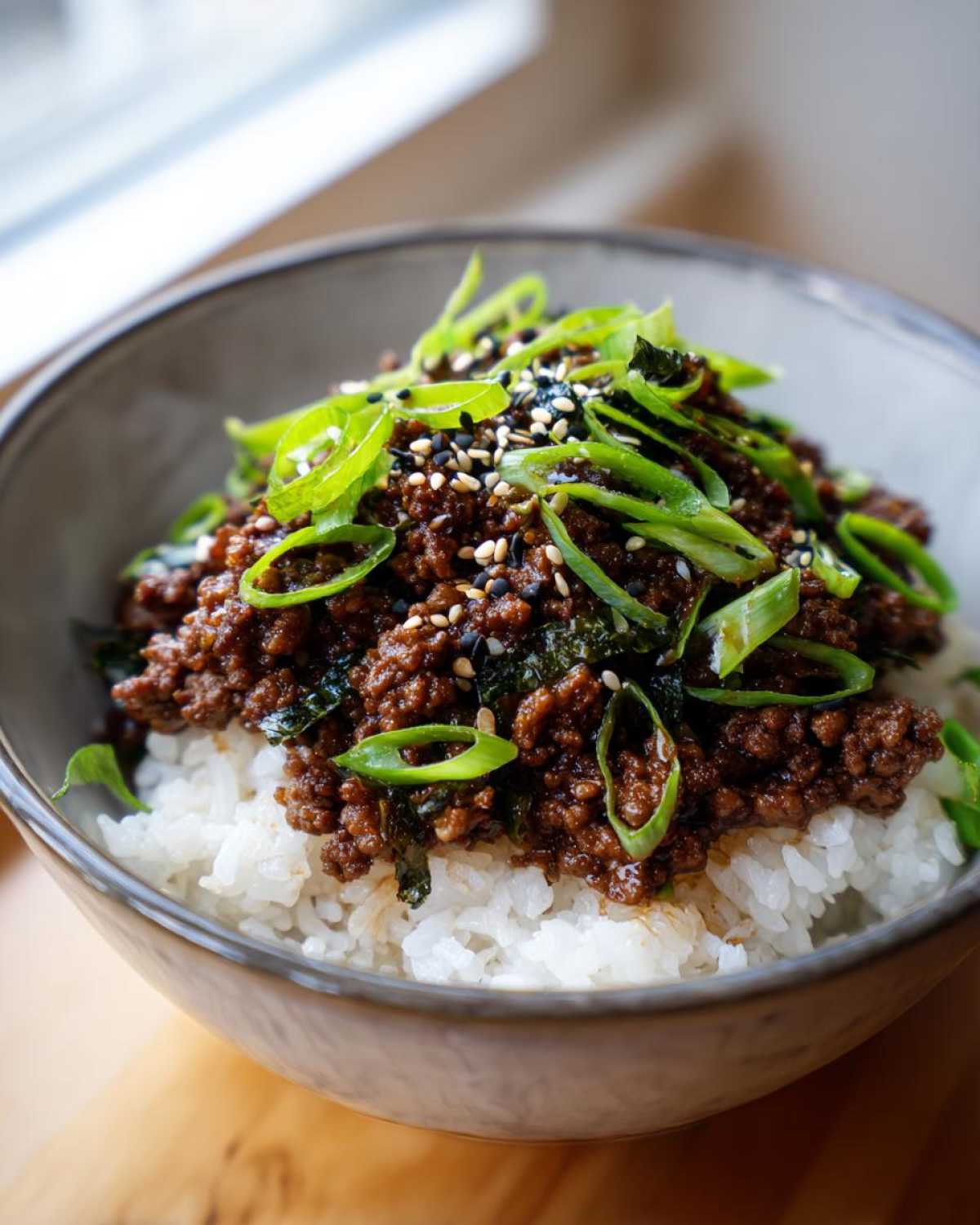Close-up of Korean Ground Beef Bulgogi Bowls featuring seasoned ground beef over white rice, garnished with green onions and sesame seeds.